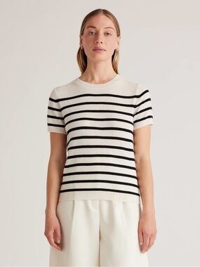 Quince 100% Mongolian Cashmere Short-Sleeve Sweater Tee in Ivory/Black Stripe, s